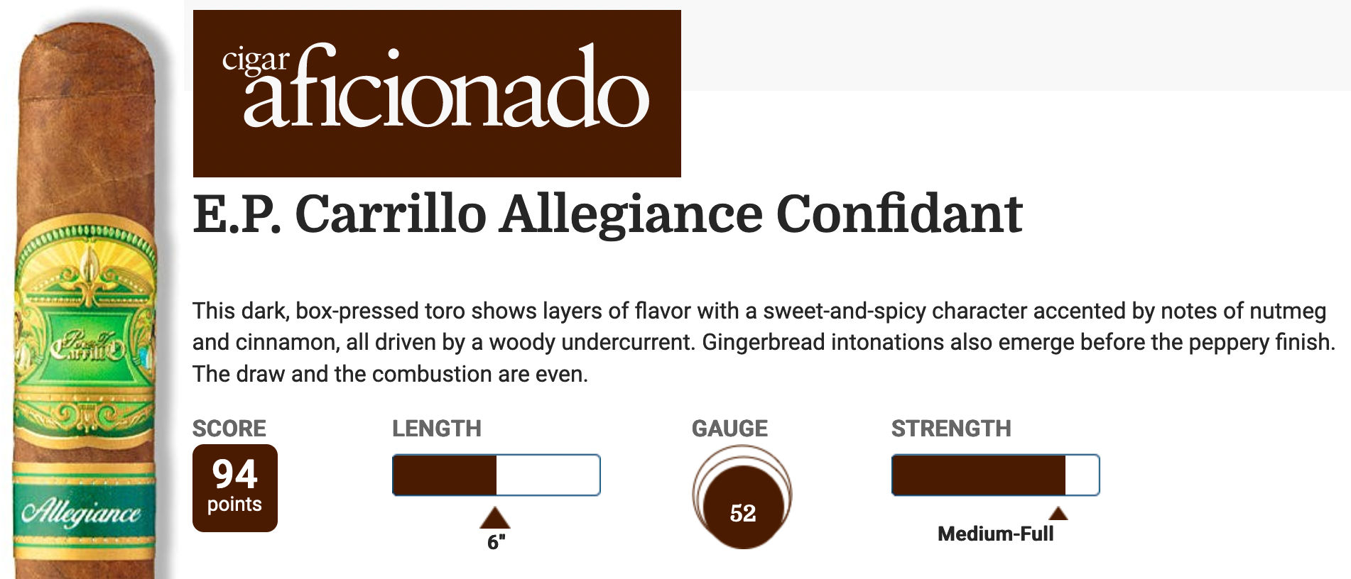 E.P. Carrillo Allegiance Confidant 94/100 par Cigar Aficionado